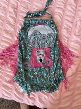Turquoise Floral Halter Top with Pink Gumball Machine Graphic no tags or labels